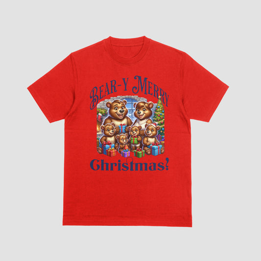 "Bear-y Merry Christmas T-shirt featuring a family of six bears exchanging gifts in a festive living room"