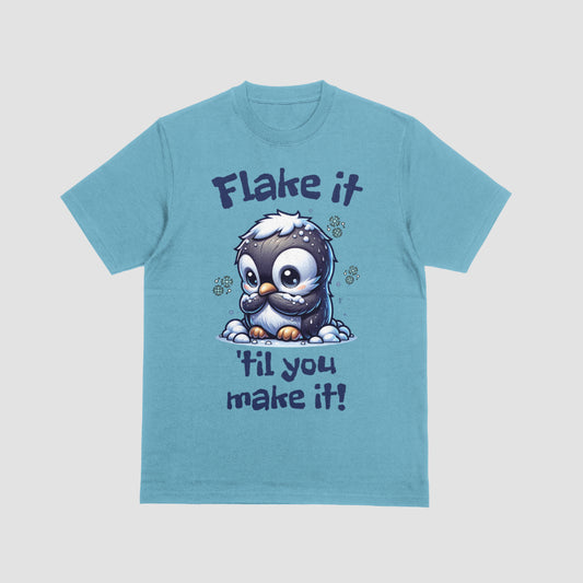 "Flake It 'Til You Make It graphic T-shirt featuring a penguin surrounded by snowflakes"