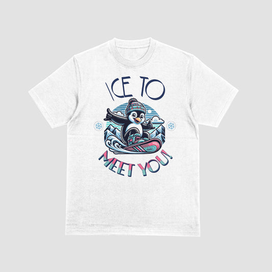 "Ice to Meet You T-shirt featuring a cool penguin snowboarding in a playful winter design"